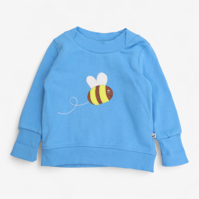 Sweater blue bee applique with flower elbows