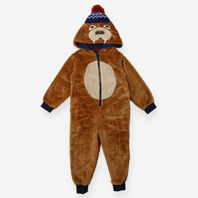 Fleece Onesie Brown Walruses Hood with Pompom Hat