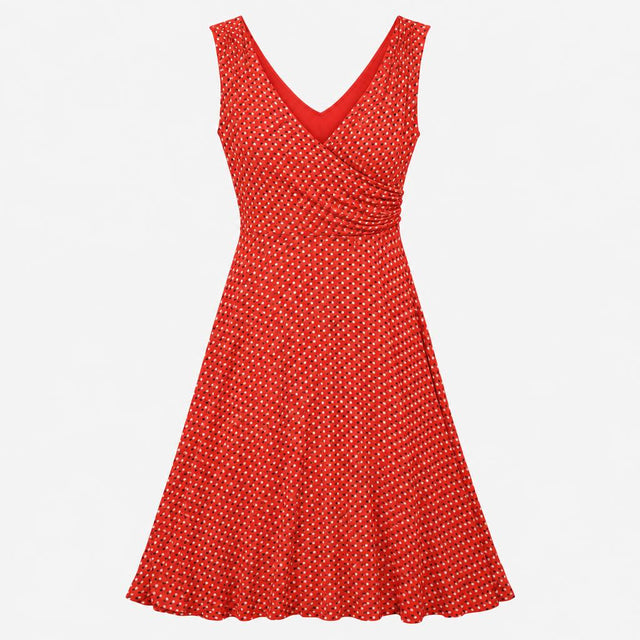 Red Polka Dot Sleeveless Jersey Wrap Style Dress