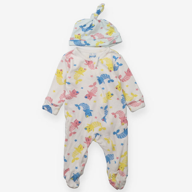 Sleepsuit and hat white cat-mermaids colourful