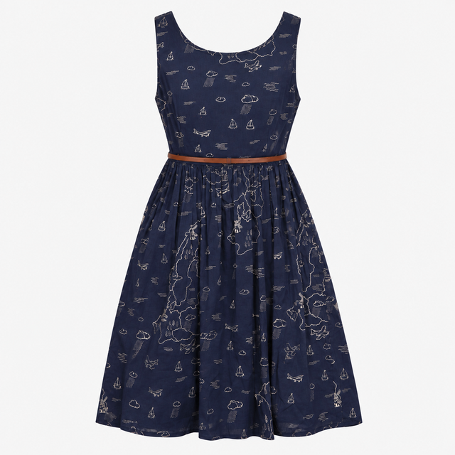 Sleeveless Shirt Dress Map Print Cotton Midi