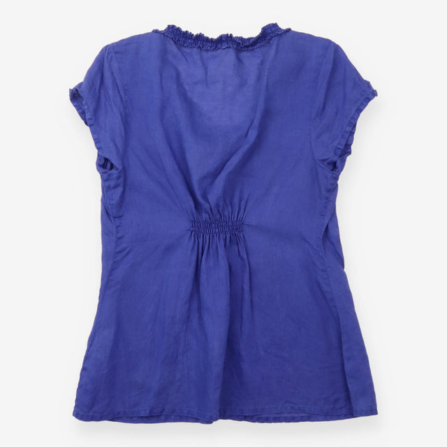 Short Sleeve Top Cobalt Blue Gathered Button Neckl