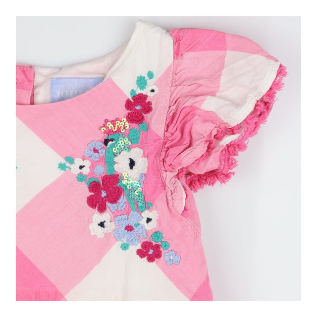 Pink & White Plaid Dress Flower Stitching
