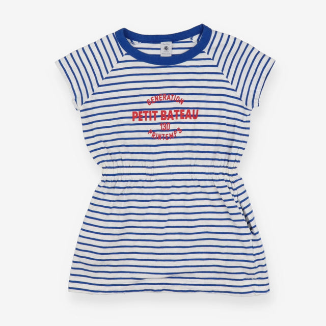 Blue and white stripe dress with red lettering