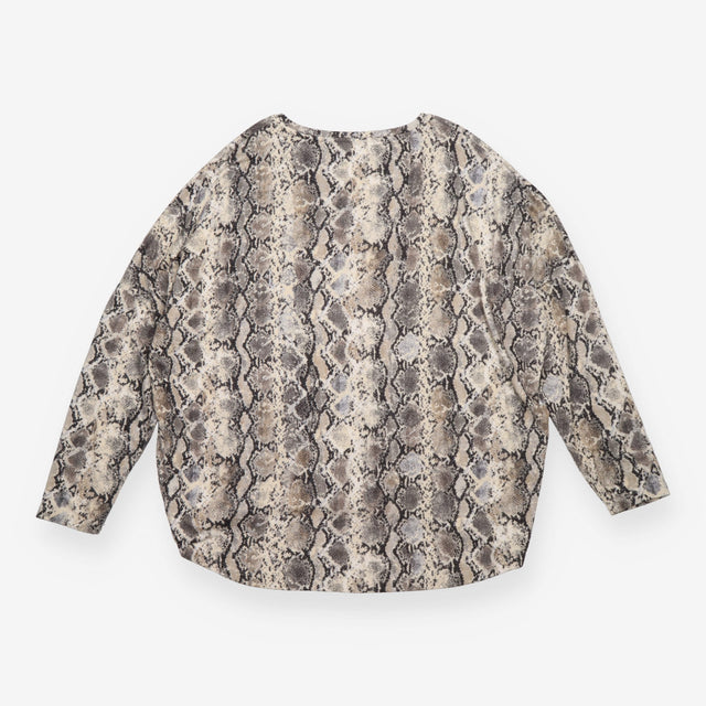 Top Cream Grey Snakeskin Print Long Sleeve High Lo