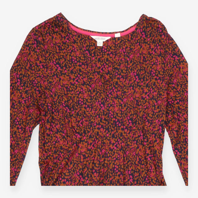 Midi Dress Pink Abstract Print V-Neck Long Sleeve
