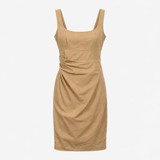 Dress Camel Brown Linen Square Neck Ruched Sleevel