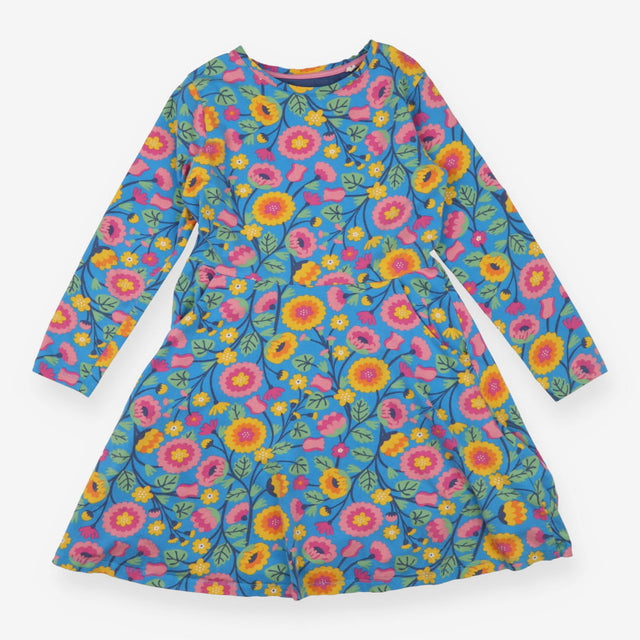 Blue long sleeve dress with bright wildflowers
