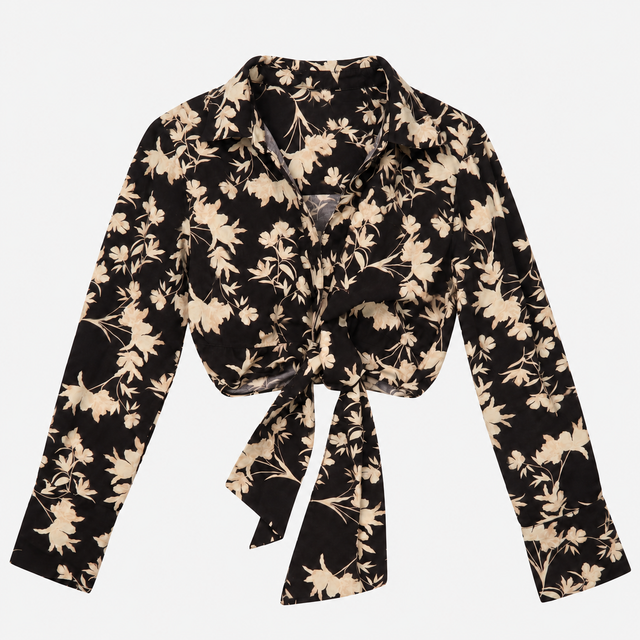 Cropped Blouse Brown Cream Floral Tie Front Long S