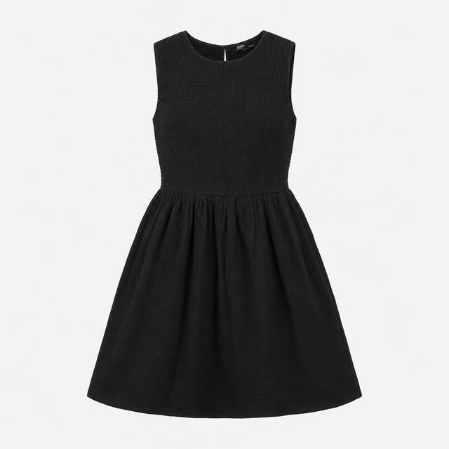 Dress Black Smocked Midi Sleeveless Textured