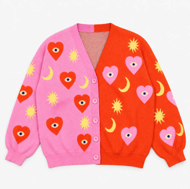Cardigan Knit Heart Sun Moon Contrast Pink Red