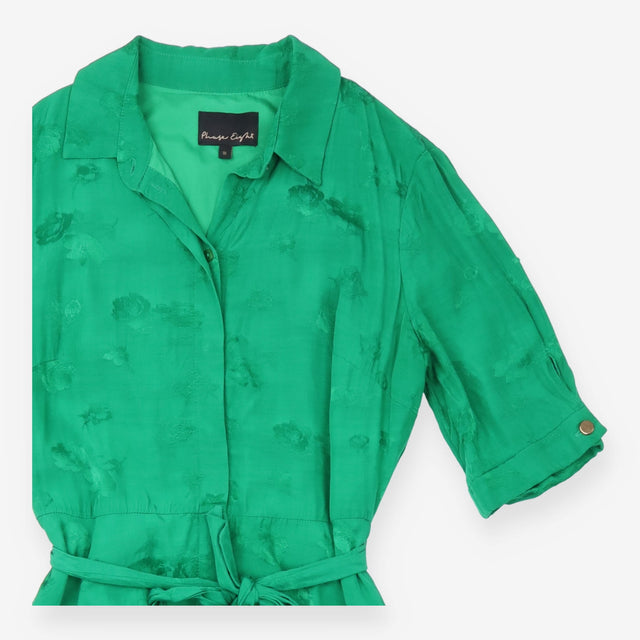 Shirt Dress Emerald Green Tonal Floral Tie Waist