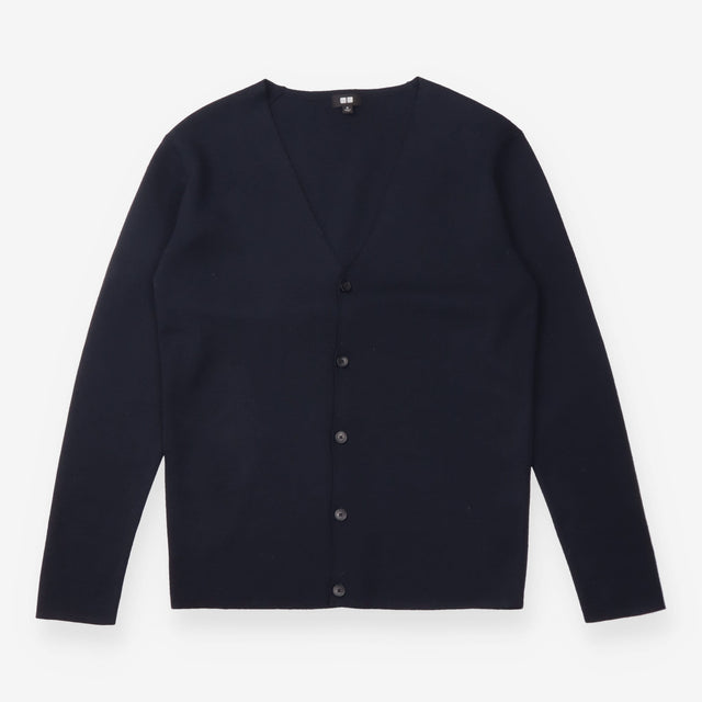 Cardigan Navy Button Front Long Sleeve Minimal Kni