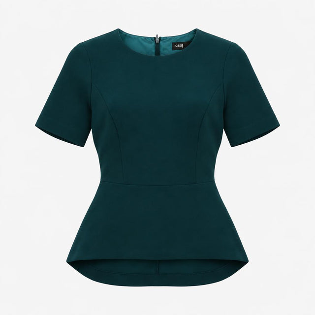 Top Green Short Sleeve Peplum Round Neck