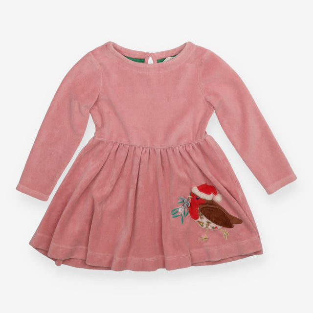 Pink velour dress with festive robin