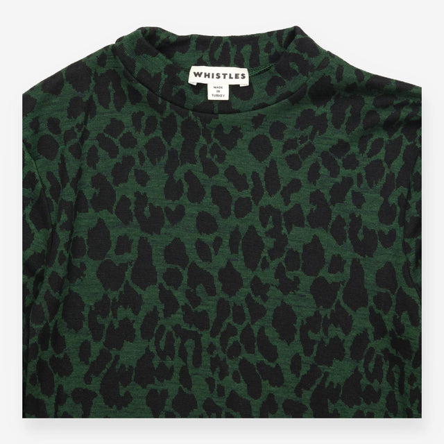 Leopard Midi Dress in Forest Green with High Neck