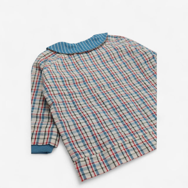 Shacket with blue striped collar