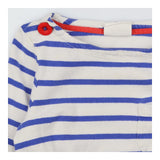 Navy & white striped dress with red buttons and dr