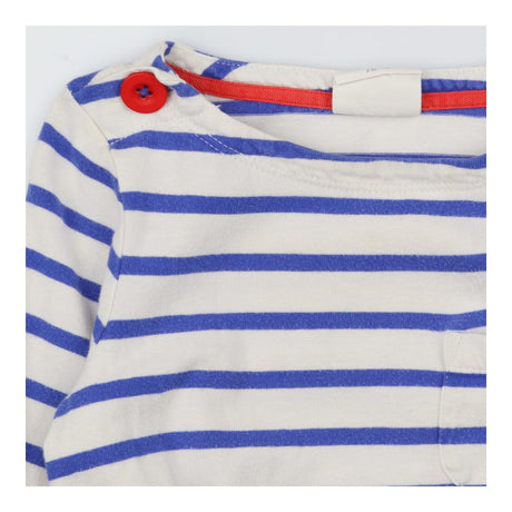 Navy & white striped dress with red buttons and dr