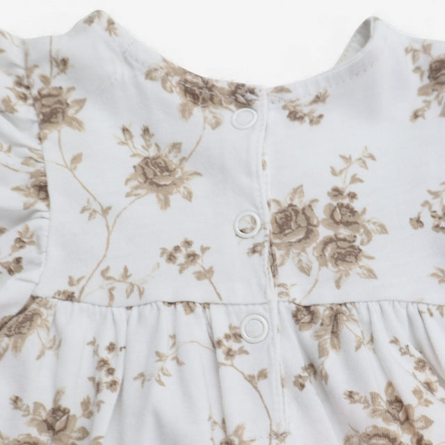 Dress White with brown Flowers & Lace Detail 