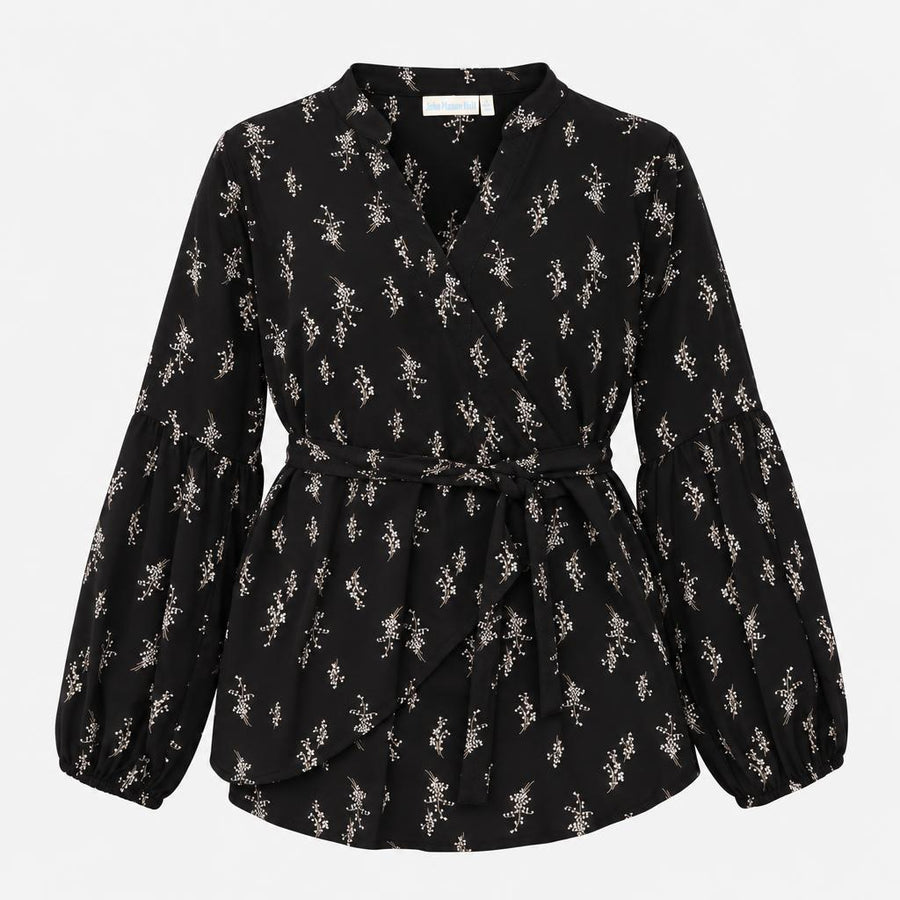 Top Black White Floral Print Long Sleeve V-Neck