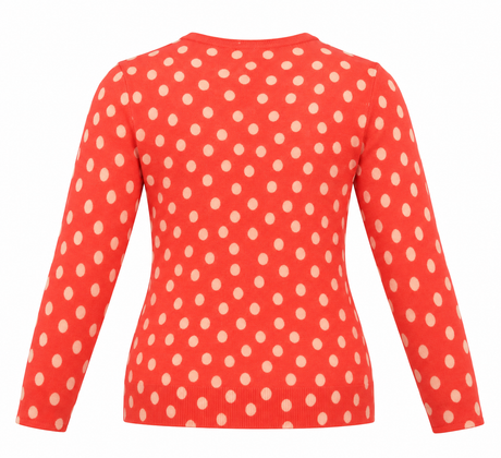 Cardigan Polka Dot Coral Red Cotton V-Neck Long Sl