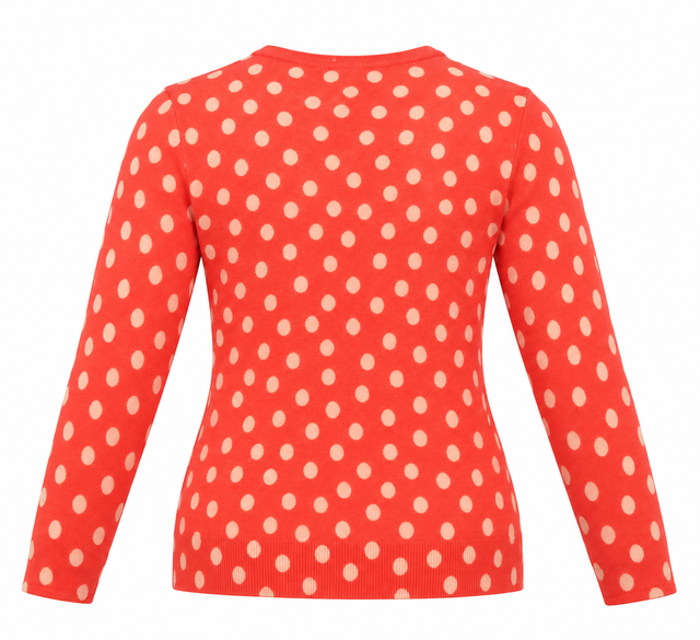 Cardigan Polka Dot Coral Red Cotton V-Neck Long Sl