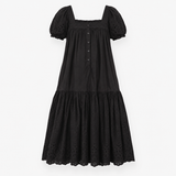 Midi Tiered Dress Broderie Square Neck Black