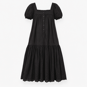 Midi Tiered Dress Broderie Square Neck Black