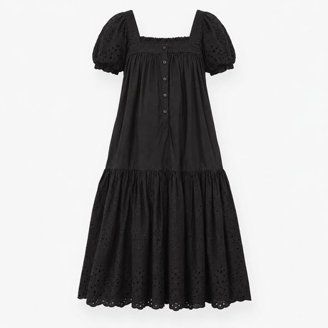 Midi Tiered Dress Broderie Square Neck Black