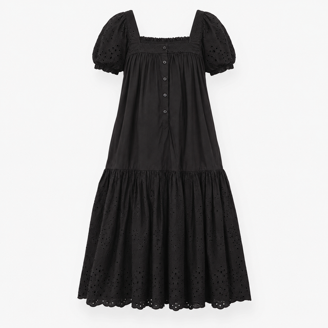 Midi Tiered Dress Broderie Square Neck Black