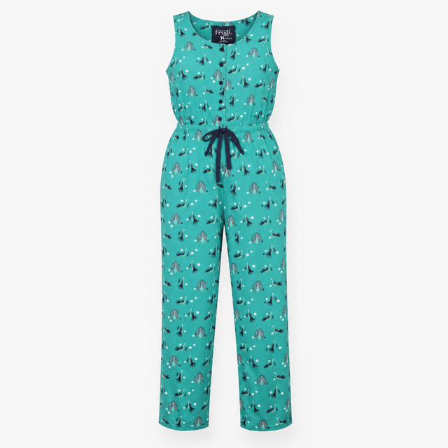 Jumpsuit Teal Green Peacock Print Organic Cotton S