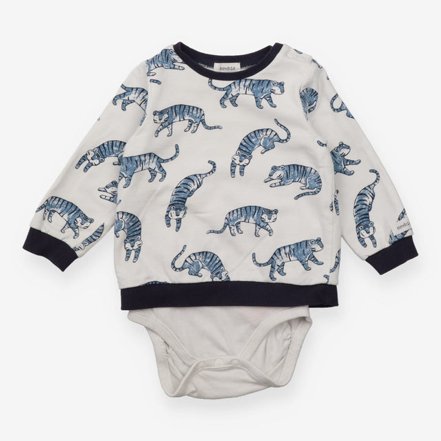 Sweater with Built in Bodysuit White Blue Tiger 