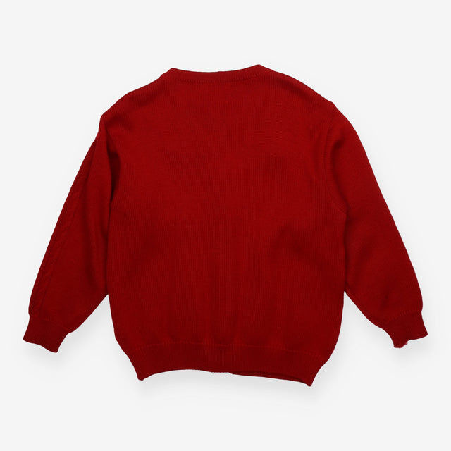 Red knit cardigan with bows