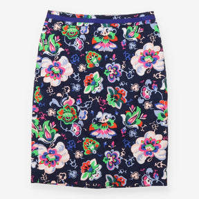 Pencil Skirt Floral Print Cotton Stretch Navy