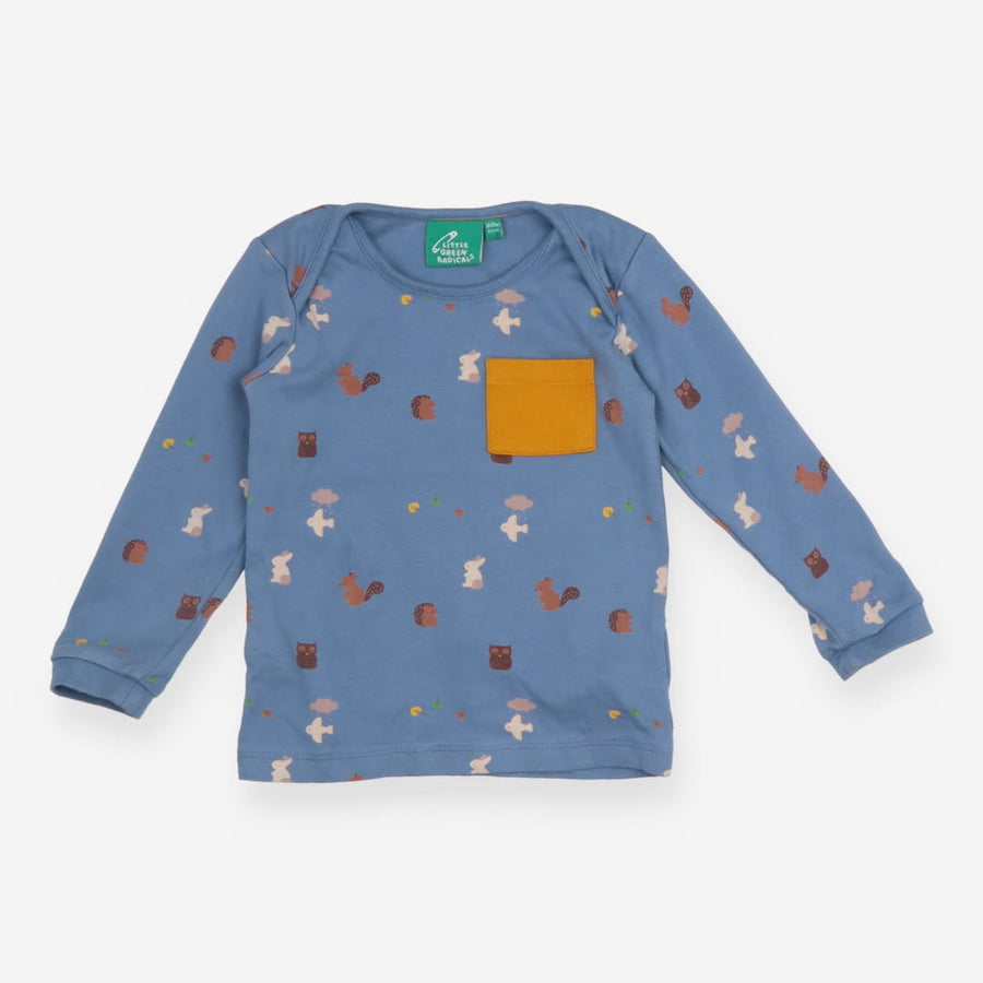 Tee blue woodland creatures pocket LS