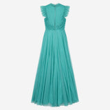 Maxi Dress Green Embellished Beaded Tiered Mesh Fr