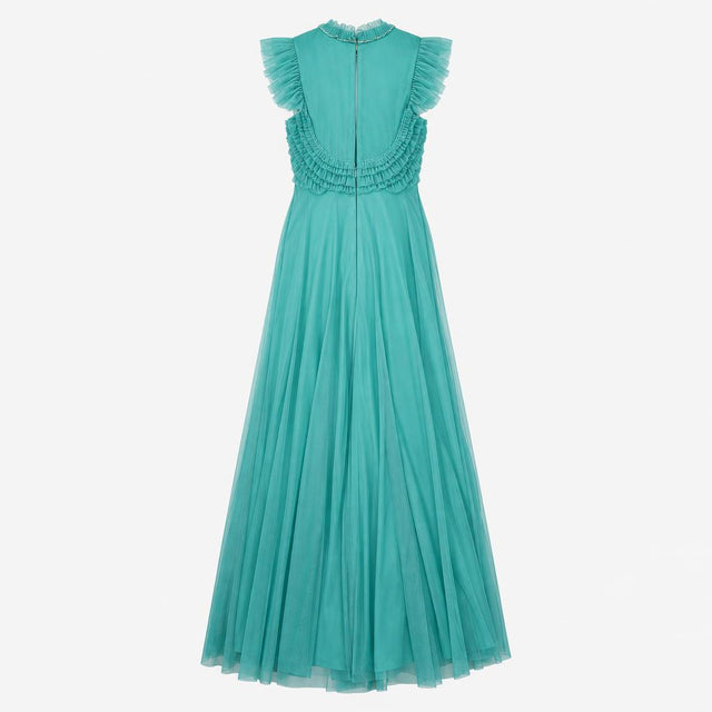 Maxi Dress Green Embellished Beaded Tiered Mesh Fr