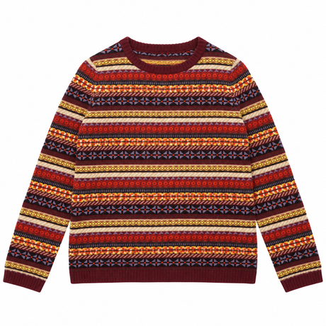 Jumper Knit Fair Isle Pattern Burgundy Multicolour