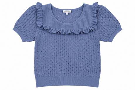 Top Blue Pointelle Knit Ruffle Short Sleeve