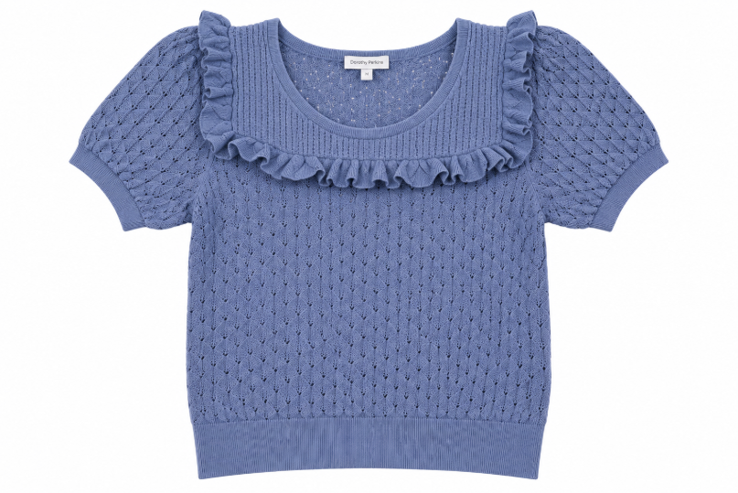 Top Blue Pointelle Knit Ruffle Short Sleeve