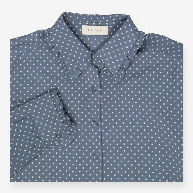 Blue Polka‑Dot Satin Shirt with Peter Pan Collar