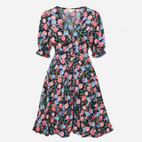  Dress Navy V-Neck Puff Sleeve Pink Flora