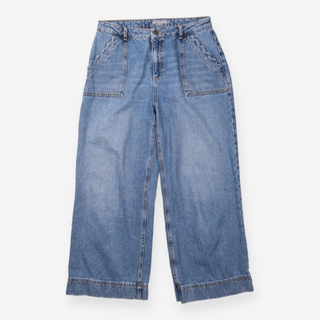 Cropped Jeans Blue Denim Scalloped Pocket Wide Leg
