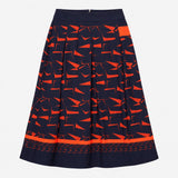 Navy Blue Rust Red Geometric Print Border Hem Midi