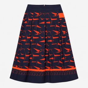 Navy Blue Rust Red Geometric Print Border Hem Midi