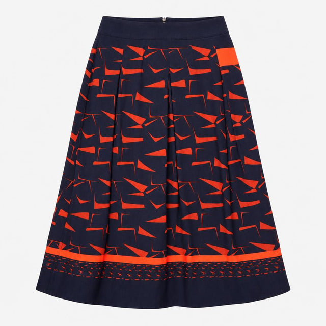 Navy Blue Rust Red Geometric Print Border Hem Midi