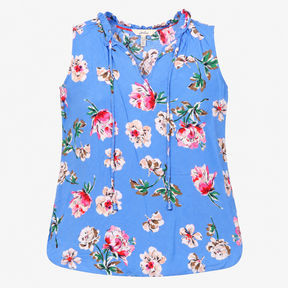 Sleeveless Blouse Blue Floral Ruffle Tie N