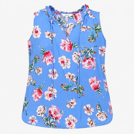 Sleeveless Blouse Blue Floral Ruffle Tie N