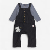 Dungaree Cord Grey Rabbit with Striped Bodysuit